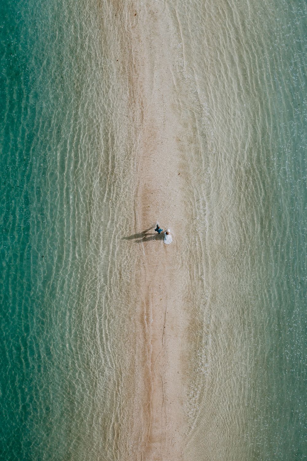 marier qui marche sur un Banc de sable entouré d'eau  sur les îles Chausey