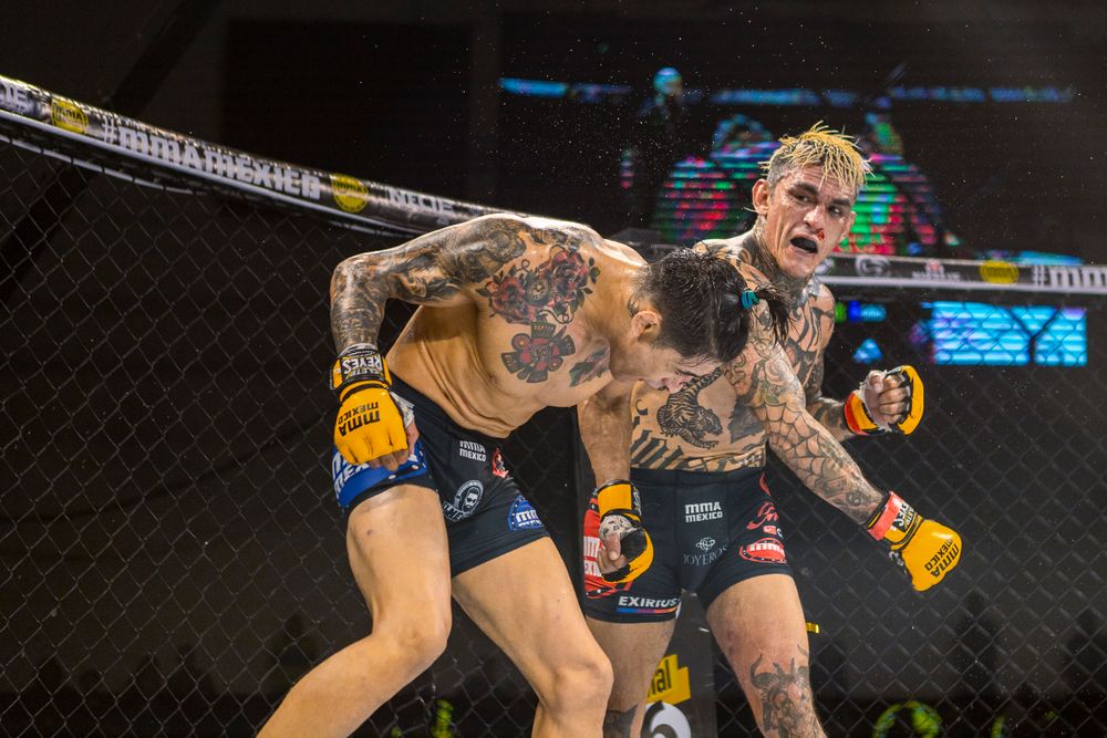 Two fighters battling in a mixed martial arts cage match with dramatic lighting.