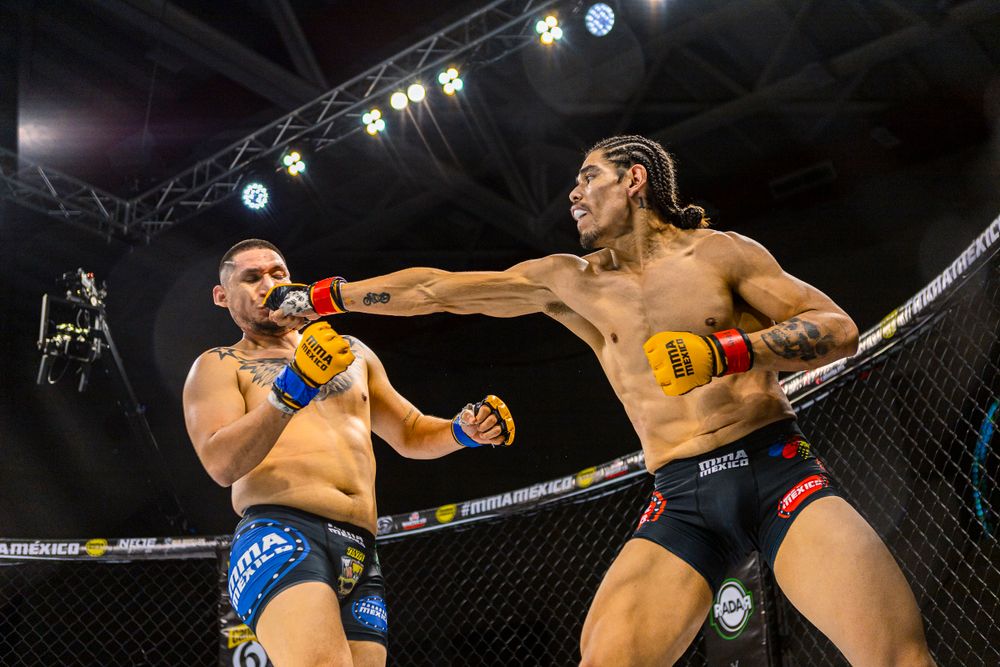 Two MMA fighters exchanging strikes in an octagon cage during intense combat.