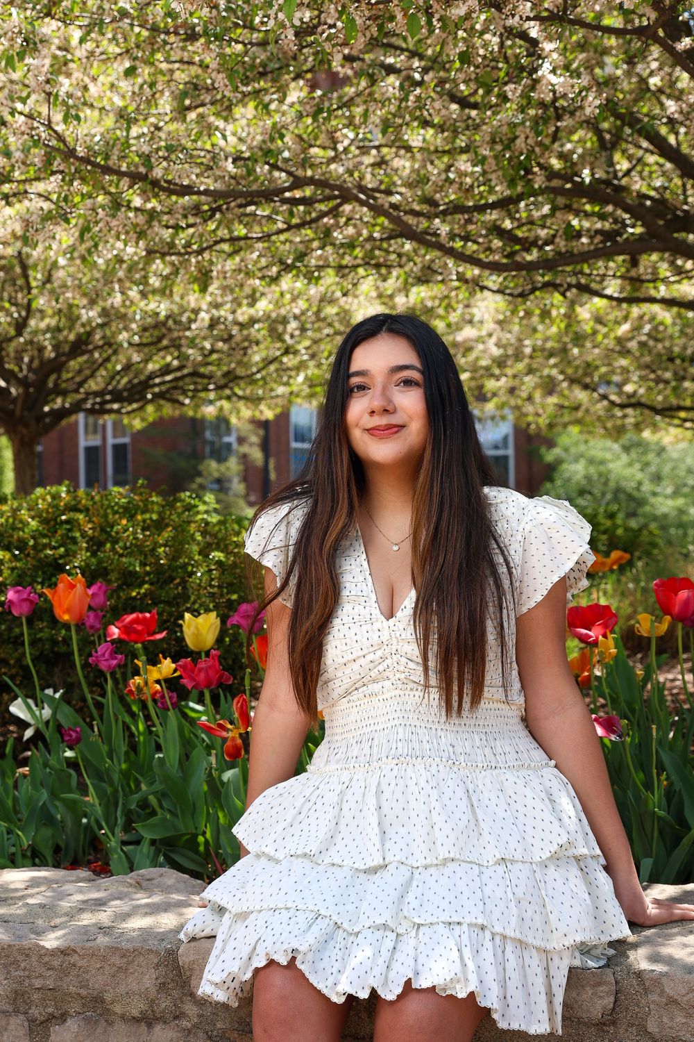 Spring graduation portraits taken among flowering trees and bright tulip garden.