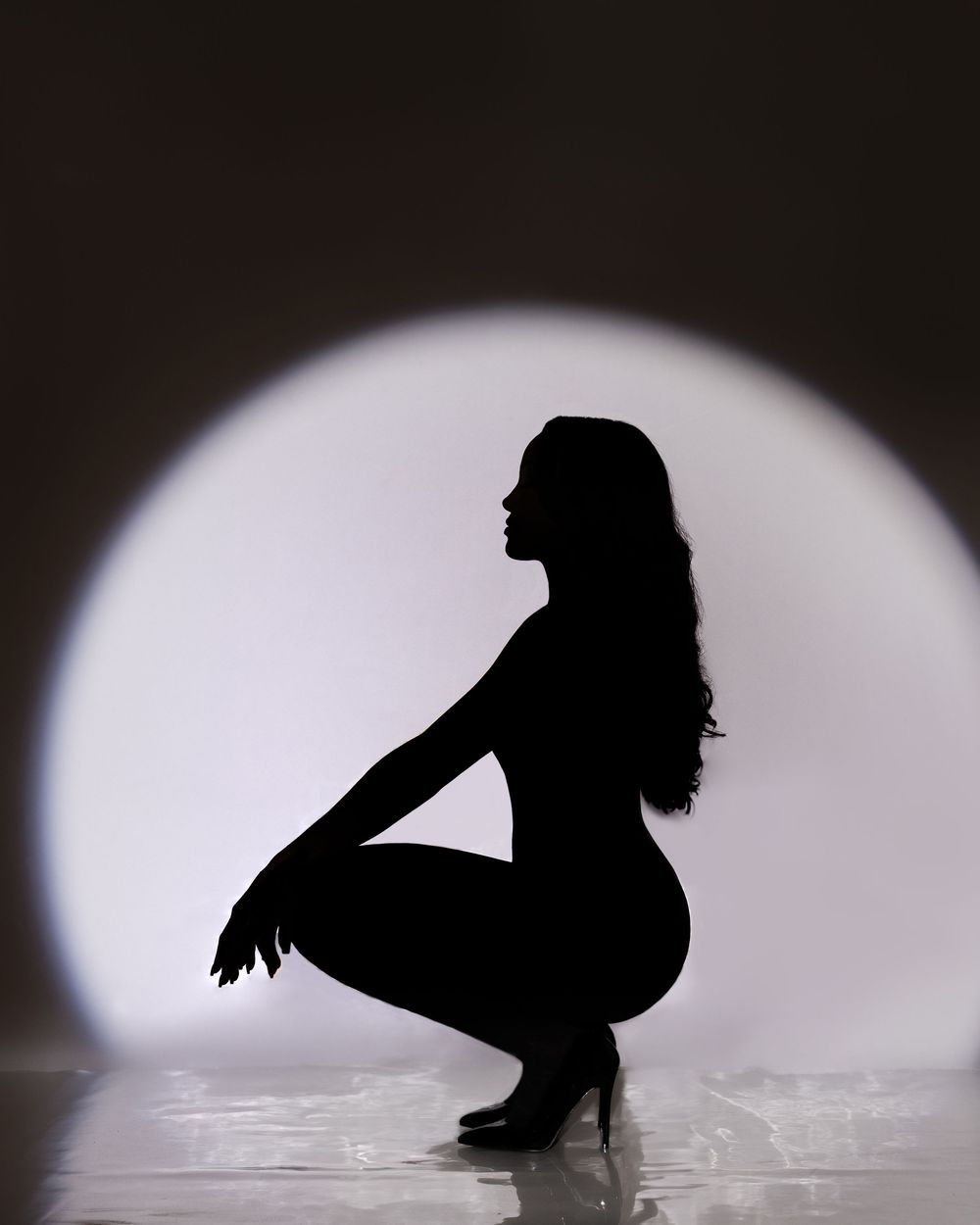 Silhouette of a woman in heels crouching gracefully against a circular spotlight on a white background.