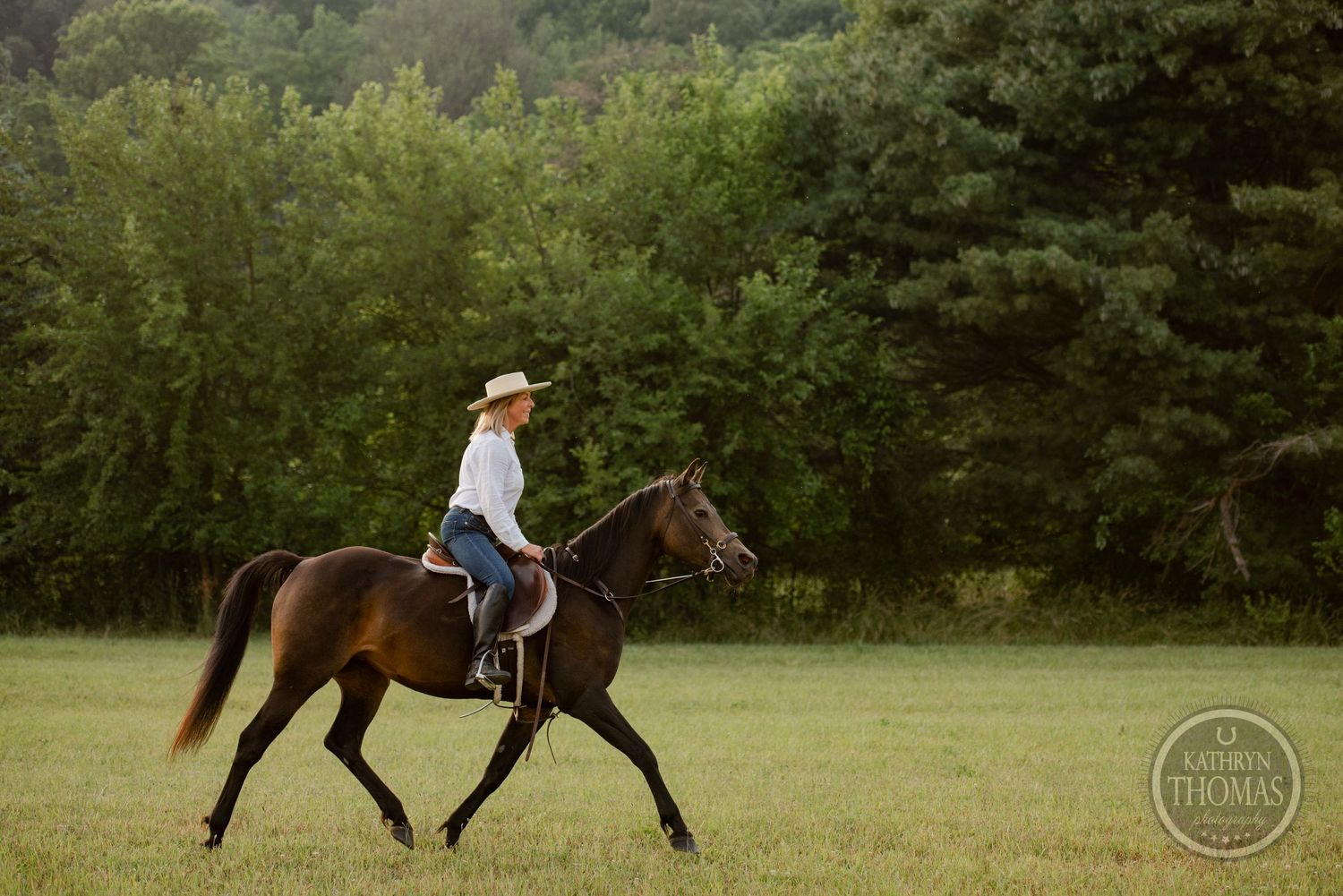 A dark horse and rider trotting across a lush green field surrounded by trees.