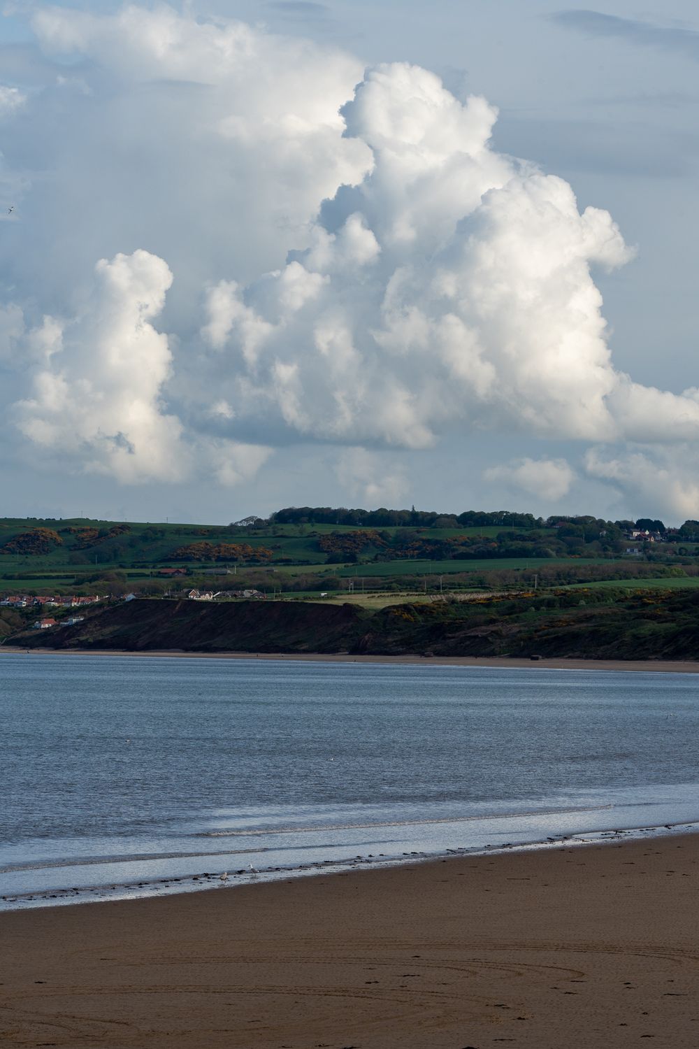 Dramatic white clouds tower over a coastal landscape with rolling green hills and sandy beach.