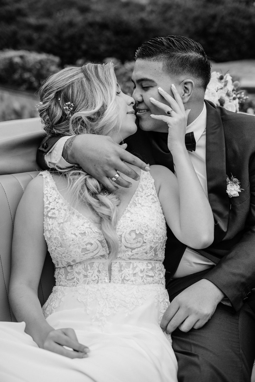 A romantic sequence of black and white wedding photos showing intimate kisses between newlyweds in formal attire.