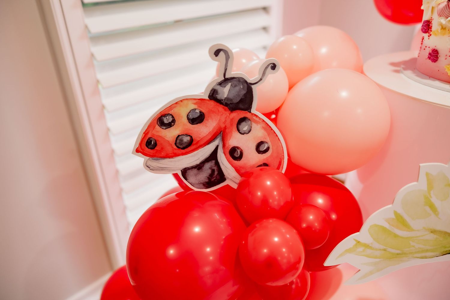 Decorative ladybug balloon arrangement with red and pink balloons in the background.