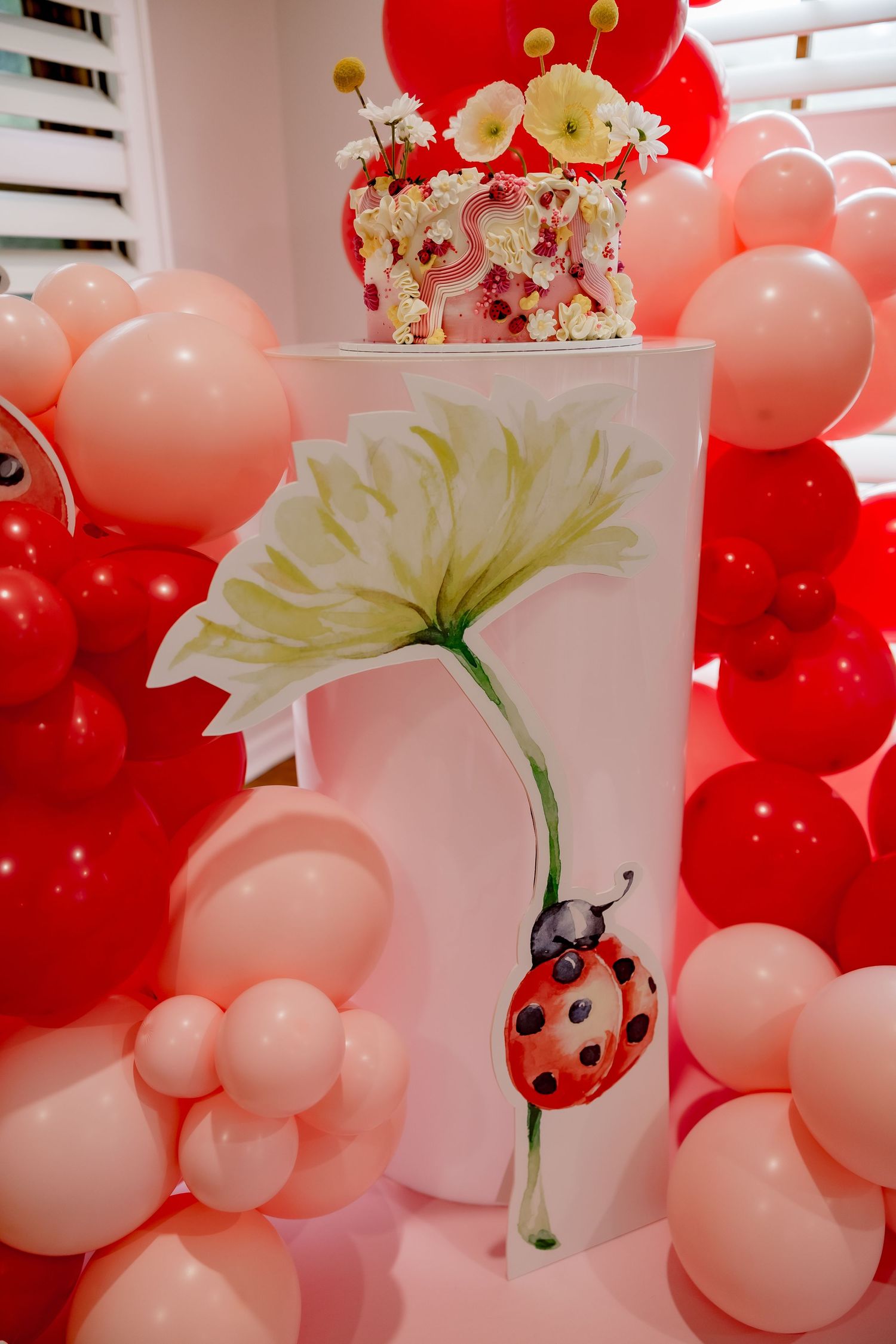 White tiered cake featuring a painted ladybug and flower design with balloon decorations.