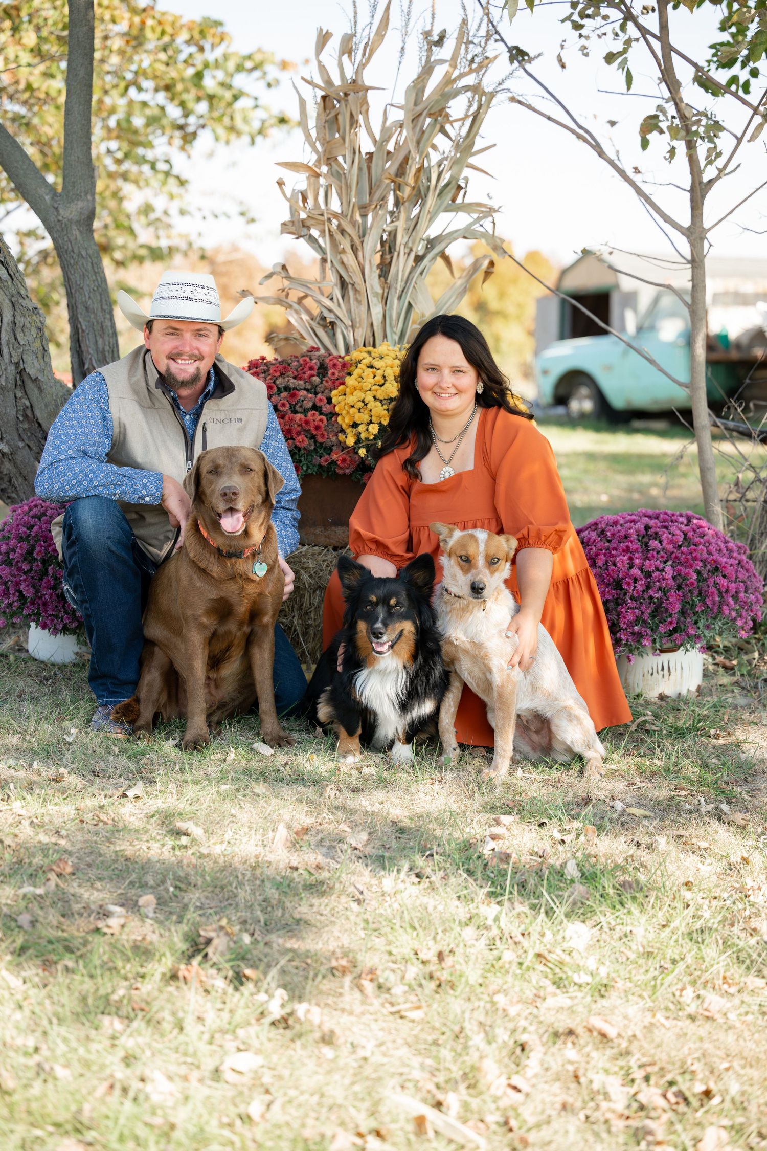 Family portrait with four dogs amid fall decorations and colorful mums.