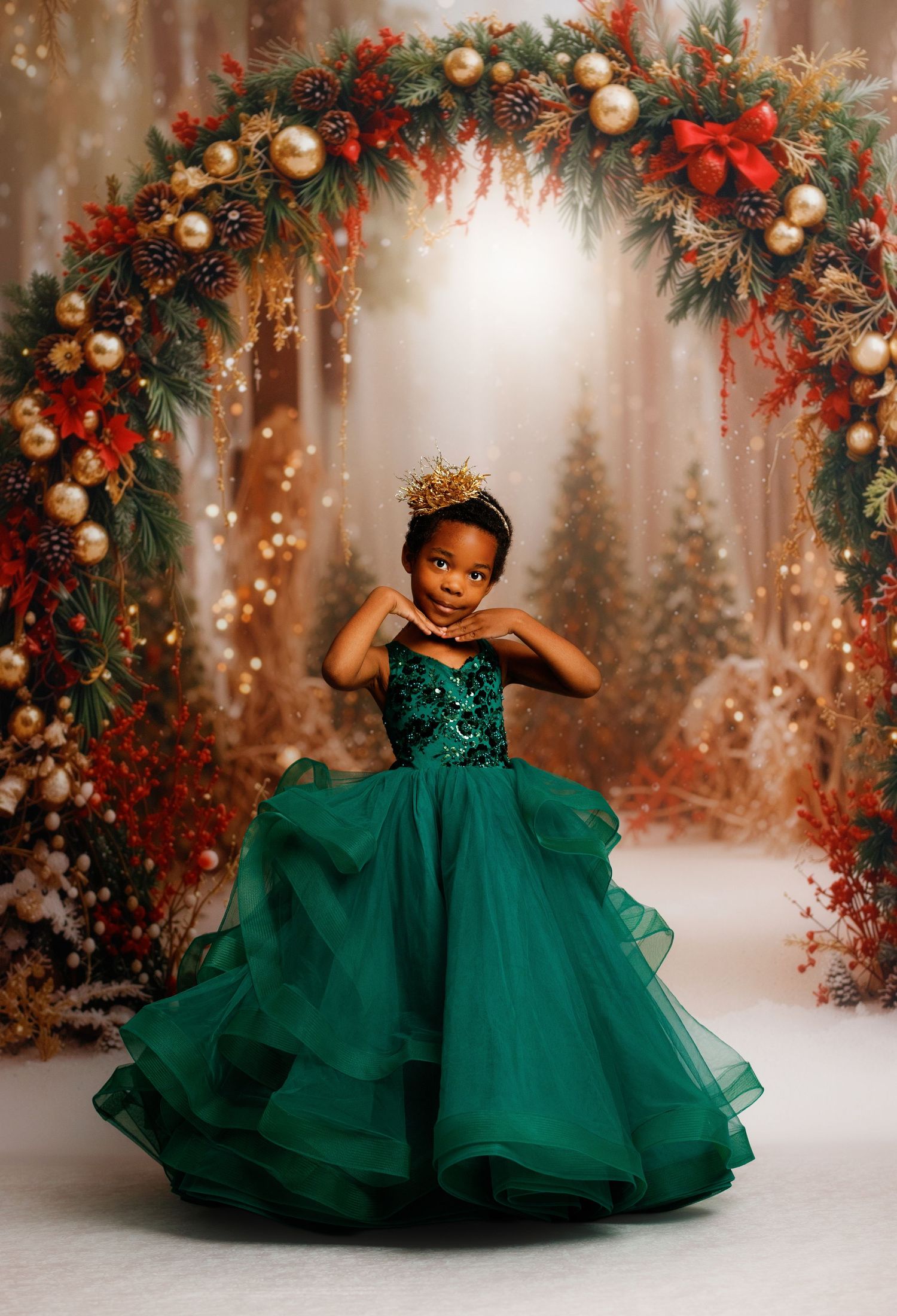 Twirling plaid dress with layers of green tulle petticoat and bare feet against studio backdrop.