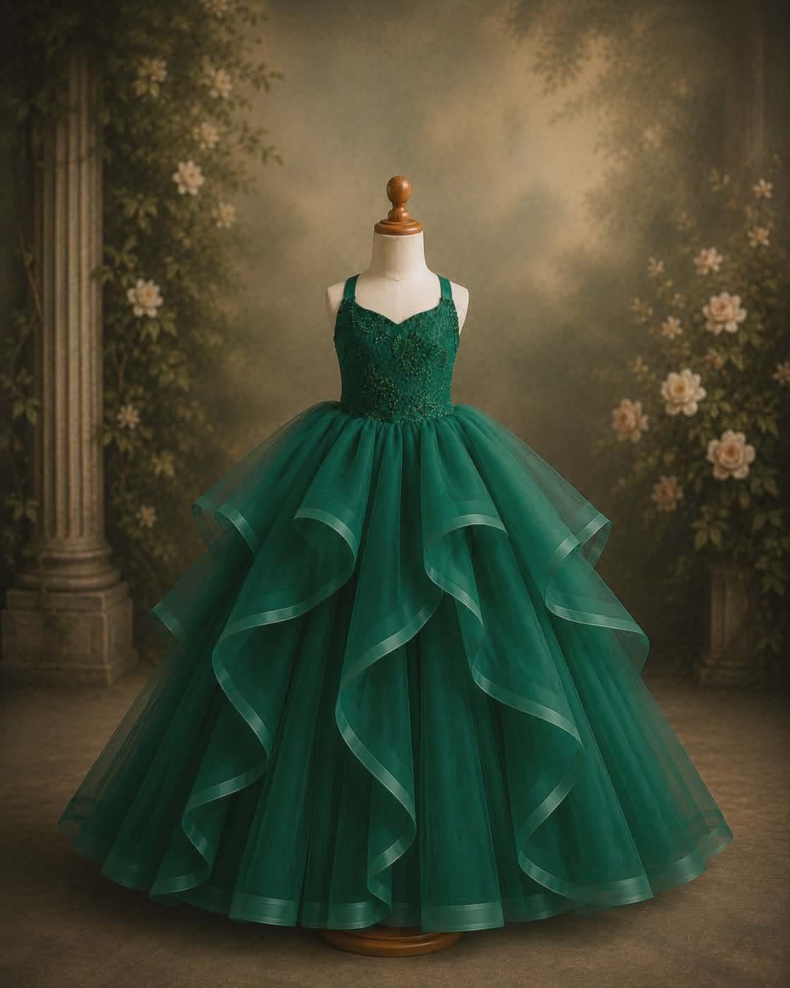 Twirling plaid dress with layers of green tulle petticoat and bare feet against studio backdrop.