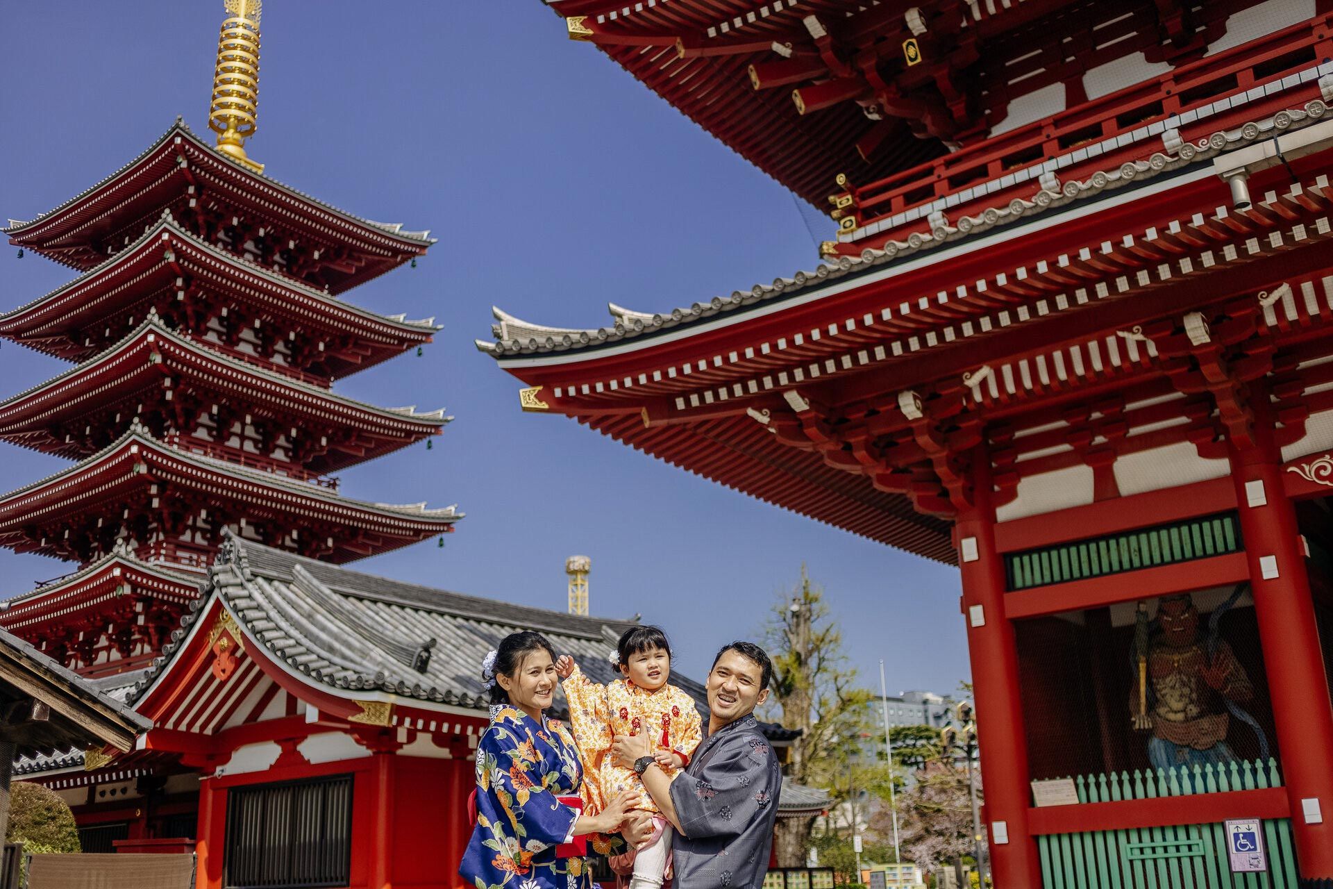 Red pagodas of Sensoji Temple frame visitors in traditional Japanese dress against blue sky.
