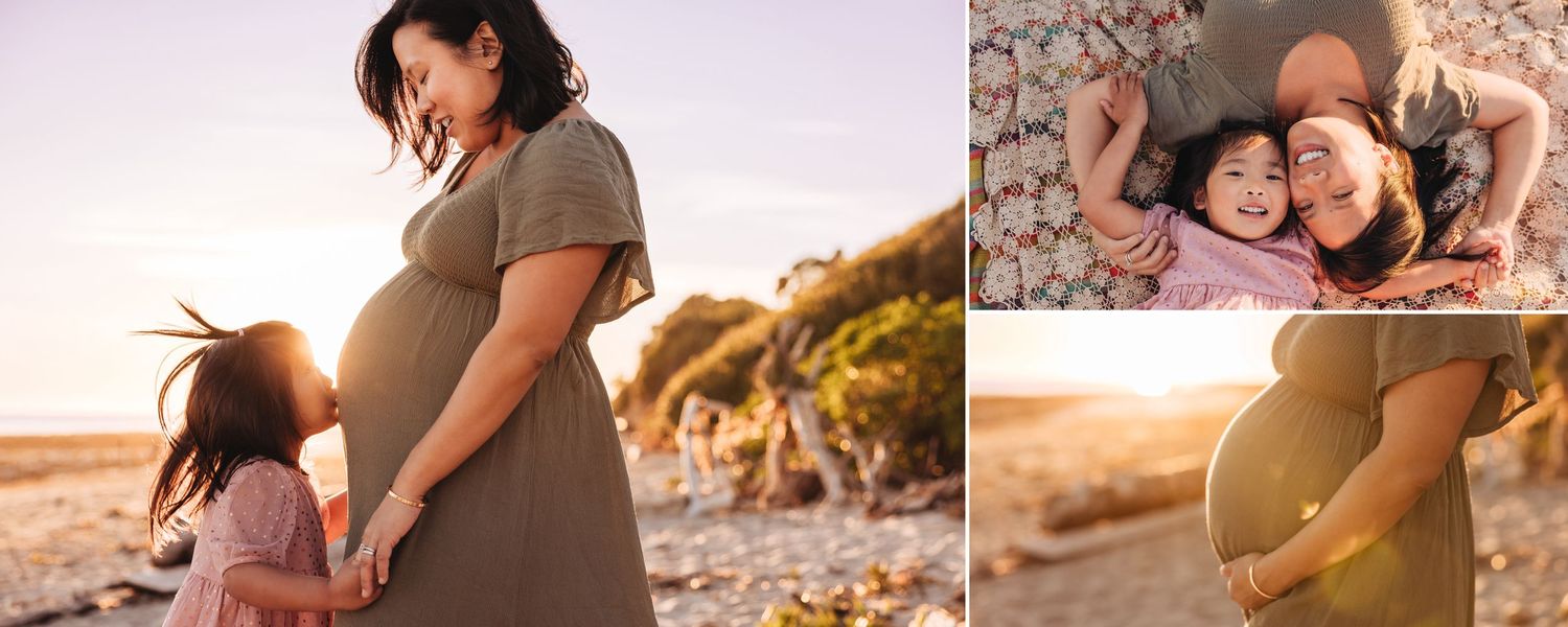 Collage of intimate maternity and family photos at beach during golden hour.