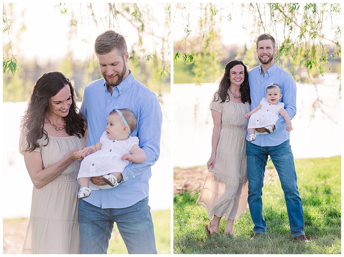 Young family portraits by lake at Coxhall Gardens by Indianapolis Family Photographer