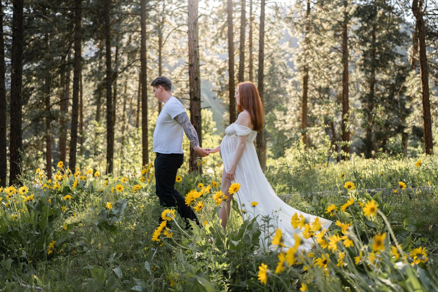 A romantic stroll through mountain wildflowers during golden hour.