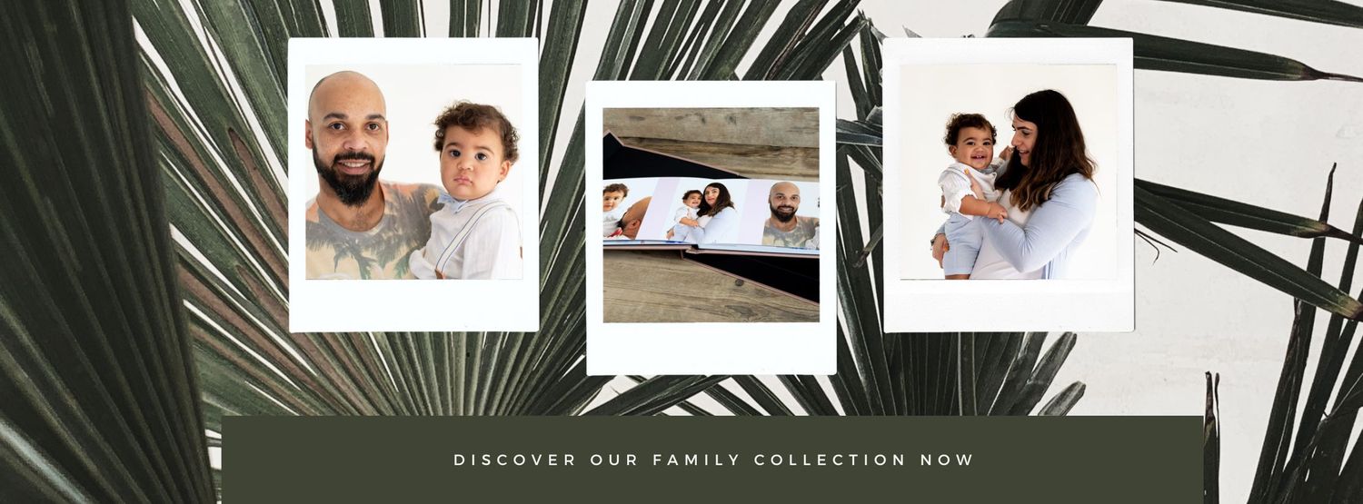 Three polaroid photos displayed against a tropical palm leaf background.