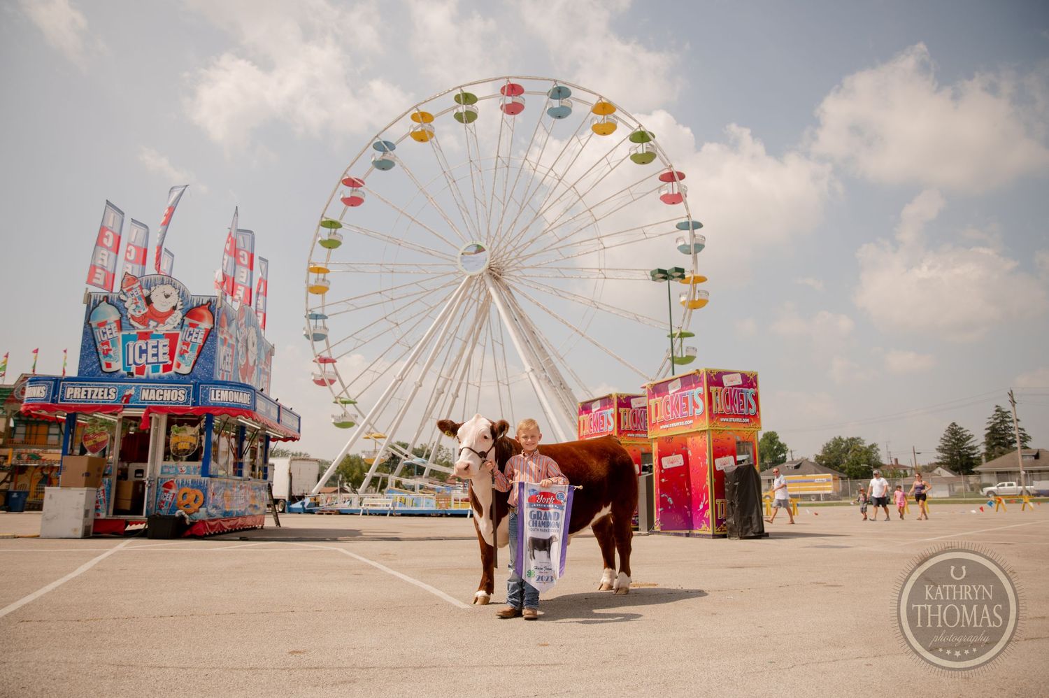 A large colorful Ferris wheel rises against a cloudy sky at a carnival fairground.