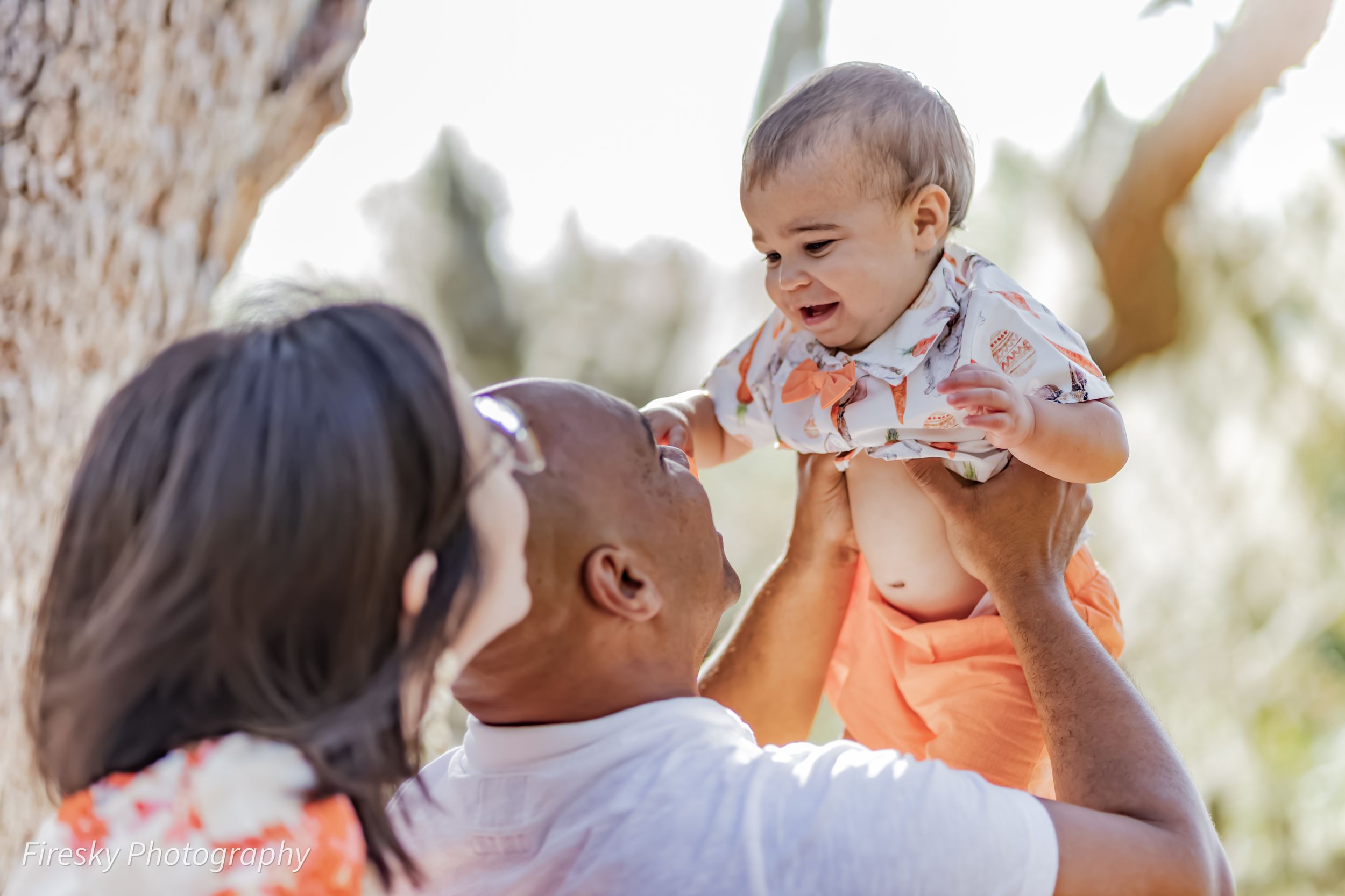 A playful moment captured outdoors with a baby being lifted up against a sunny background.
