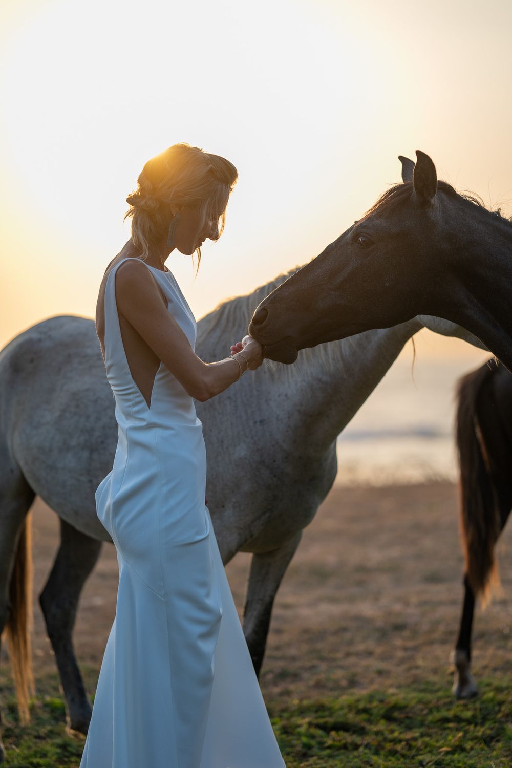 A bride in white gown gently pets a horse during golden hour at the beach.