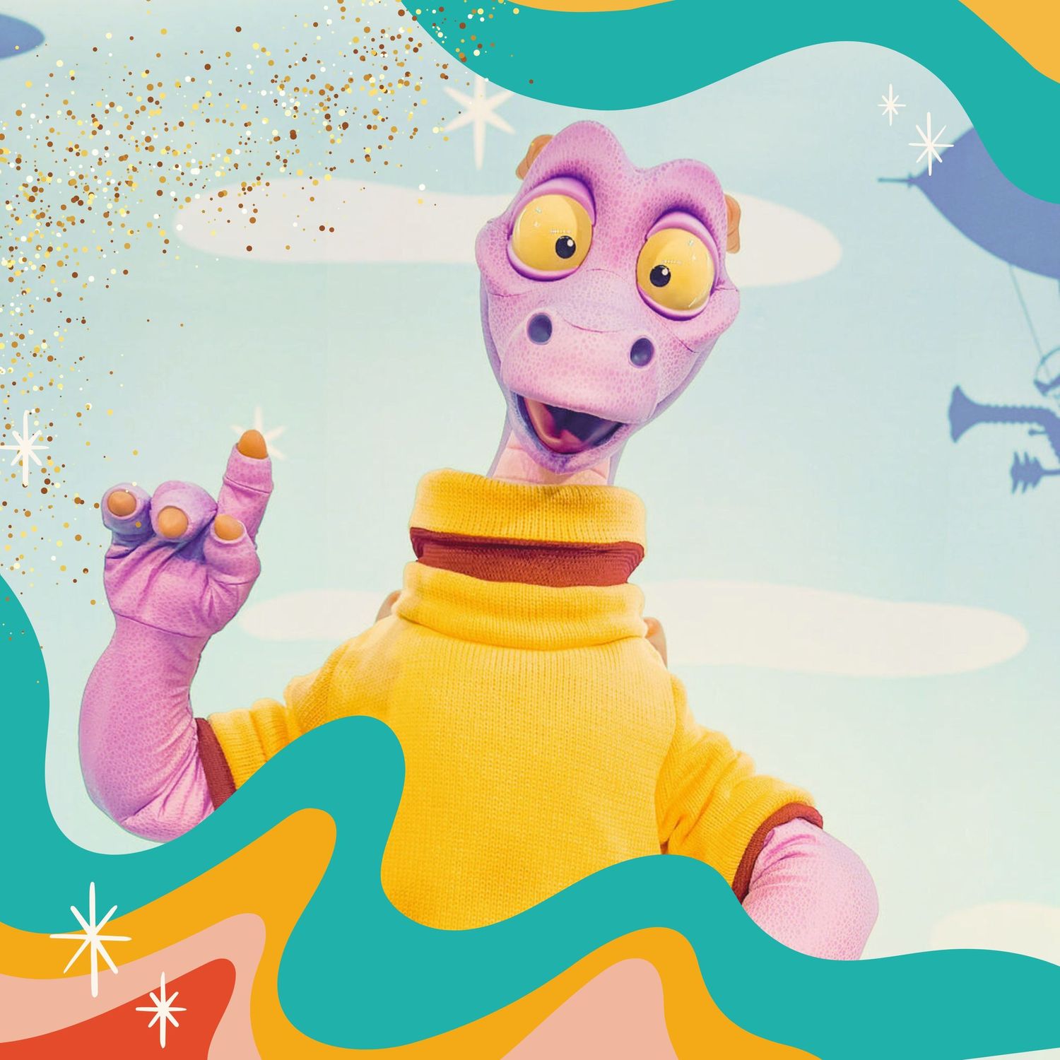 Colorful cartoon illustration of a pink dinosaur mascot wearing an orange turtleneck posing with animated expressions.