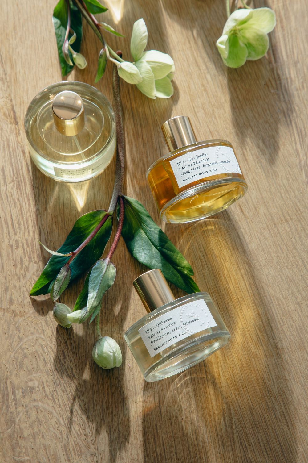 Luxury perfume bottles arranged with green leaves and white flowers on a wooden surface.