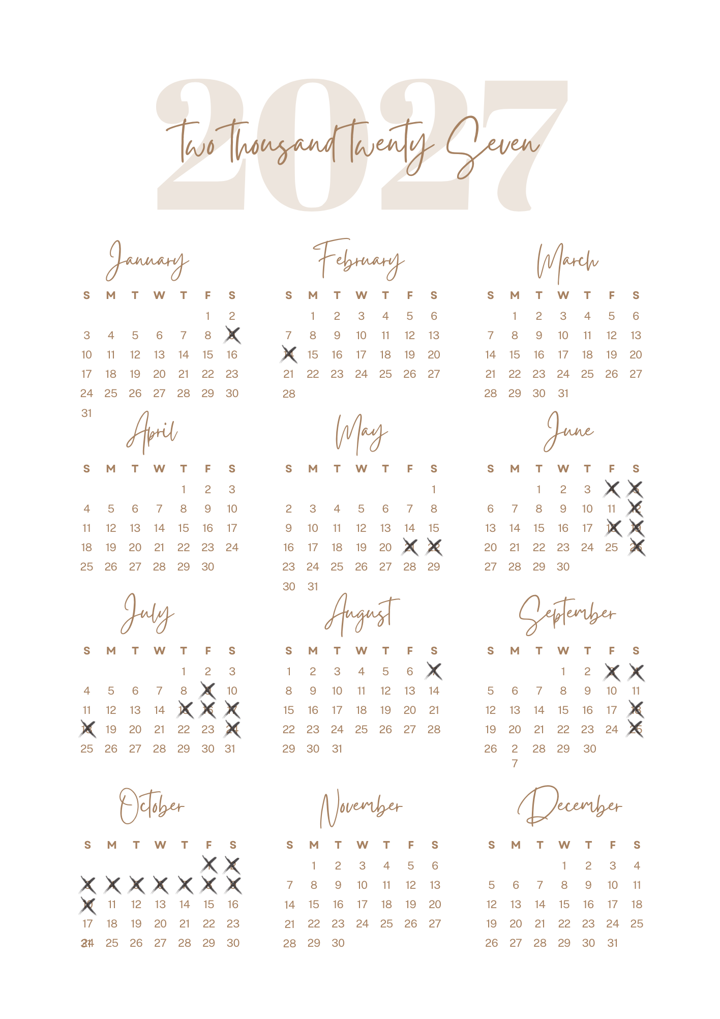 Minimalist 2025 yearly calendar design in beige with elegant typography.