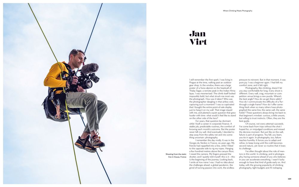 Jan Virt shooting from the static line in Ceuse, France, opening spread of his profile in the Climb On book, tear sheet. Photo by Jan Virt.