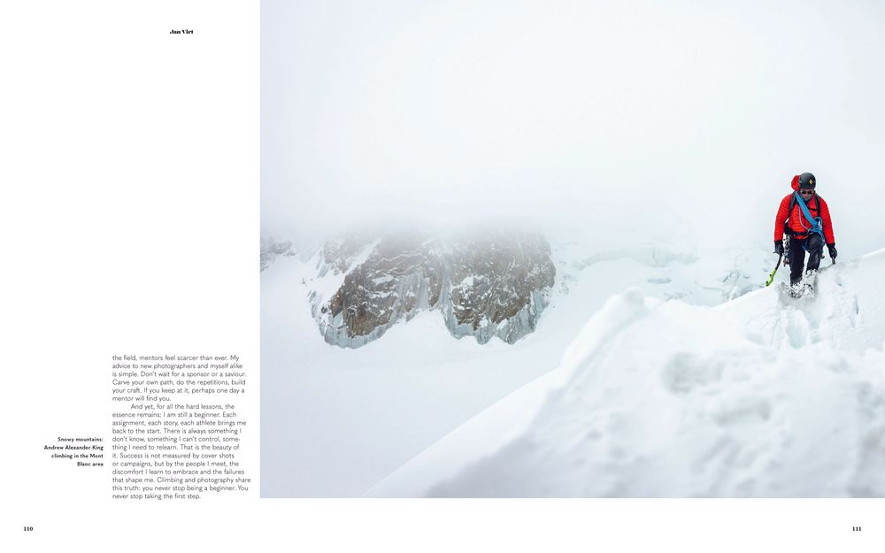 Andrew Alexander King climbing in the Mont Blanc area, Jan Virt profile in the Climb On book, tear sheet. Photo by Jan Virt.