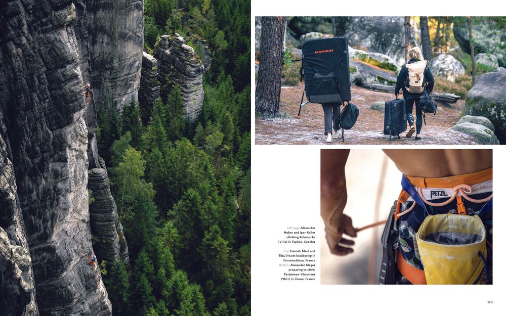 Alexander Megos, Hannah Meul, Alexander Huber and Igor Koller climbing, Climb On book tear sheet. Photo by Jan Virt.