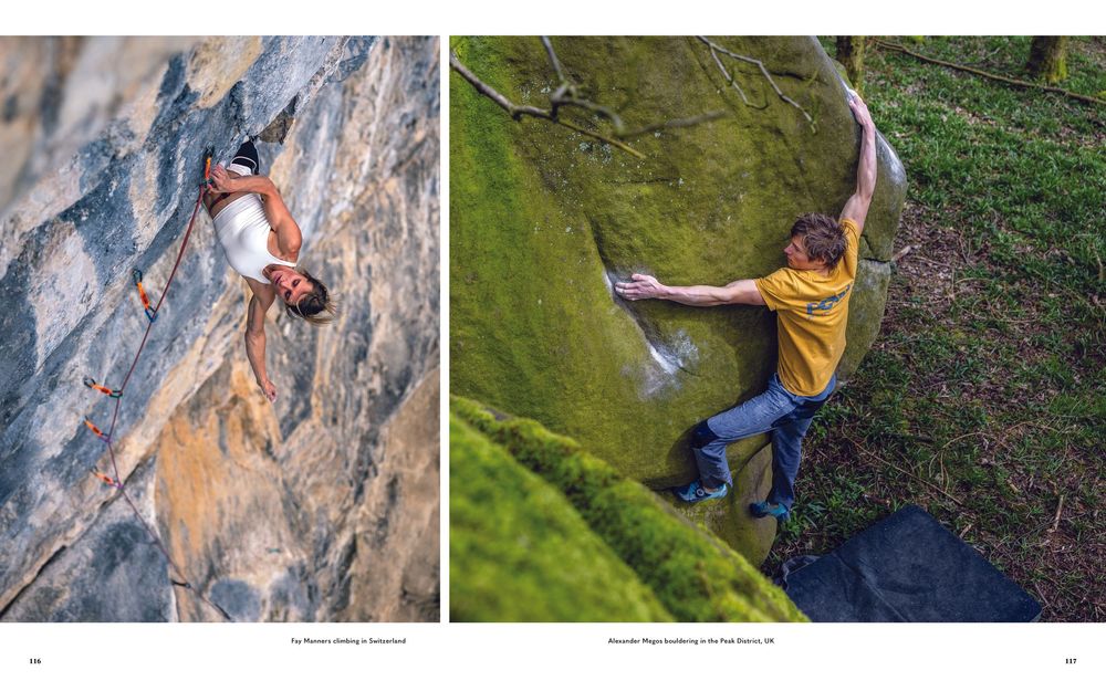 Fay Manners climbing in Switzerland, Alexander Megos bouldering in the Peak District, Climb On tear sheet. Photo by Jan Virt.