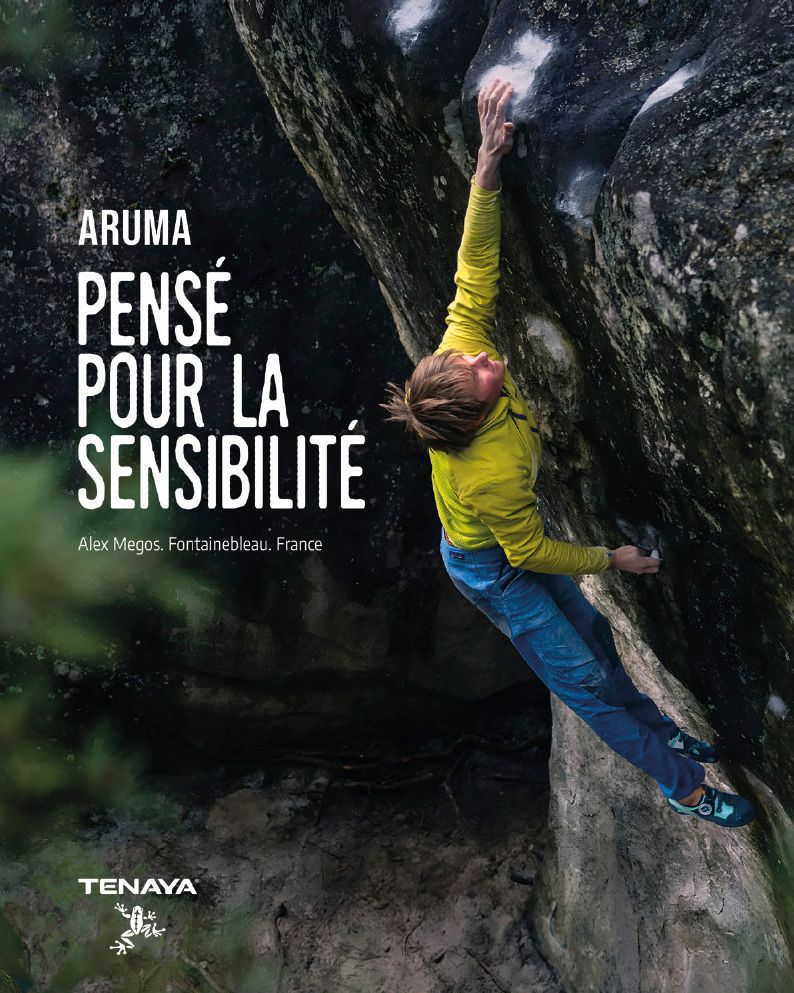 Tenaya Aruma full-page ad featuring Alexander Megos in Grimper Magazine issue 253, 2026. Photo by Jan Virt.