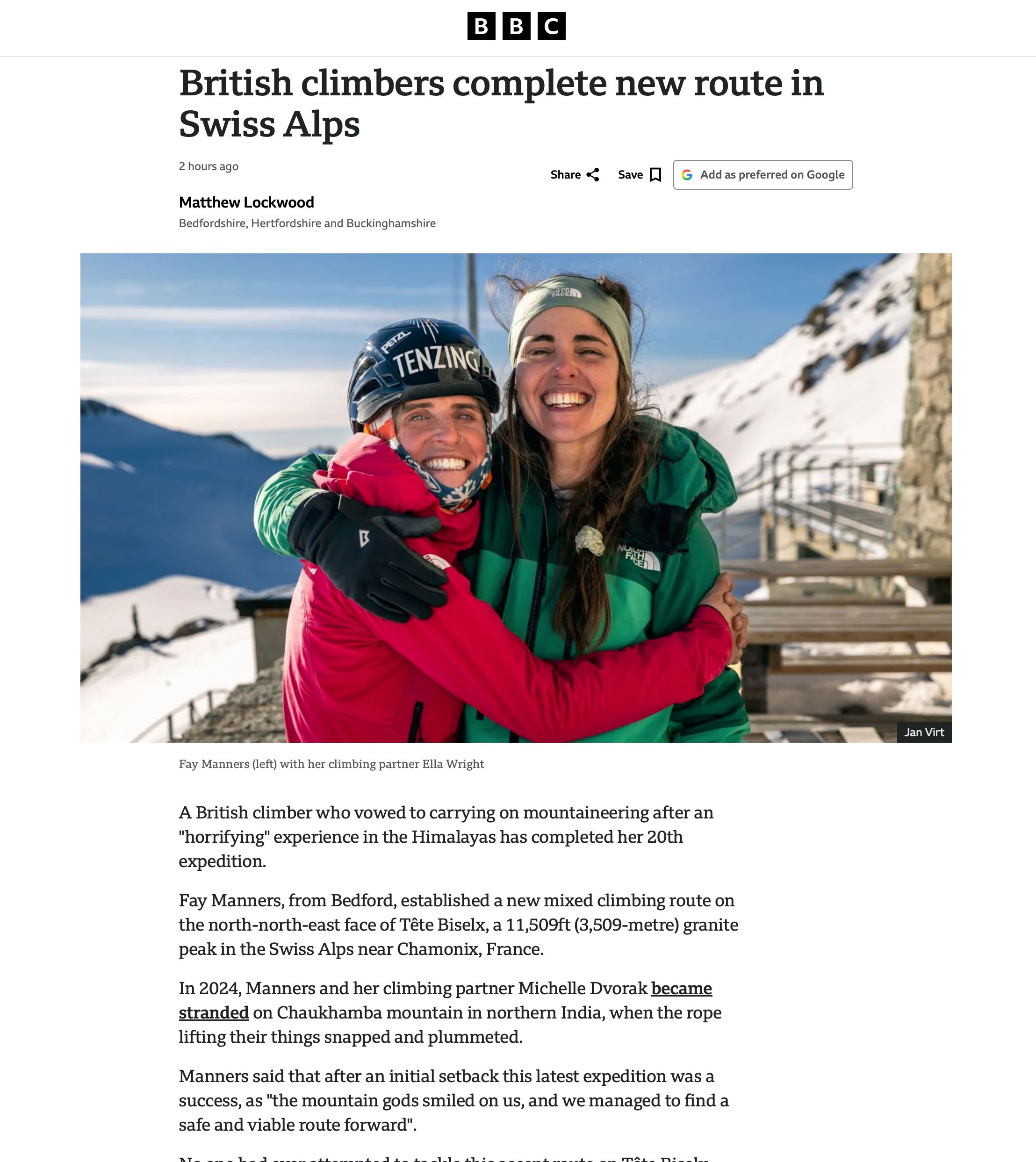 BBC feature on Fay Manners and Ella Wright first ascent - photo Jan Virt