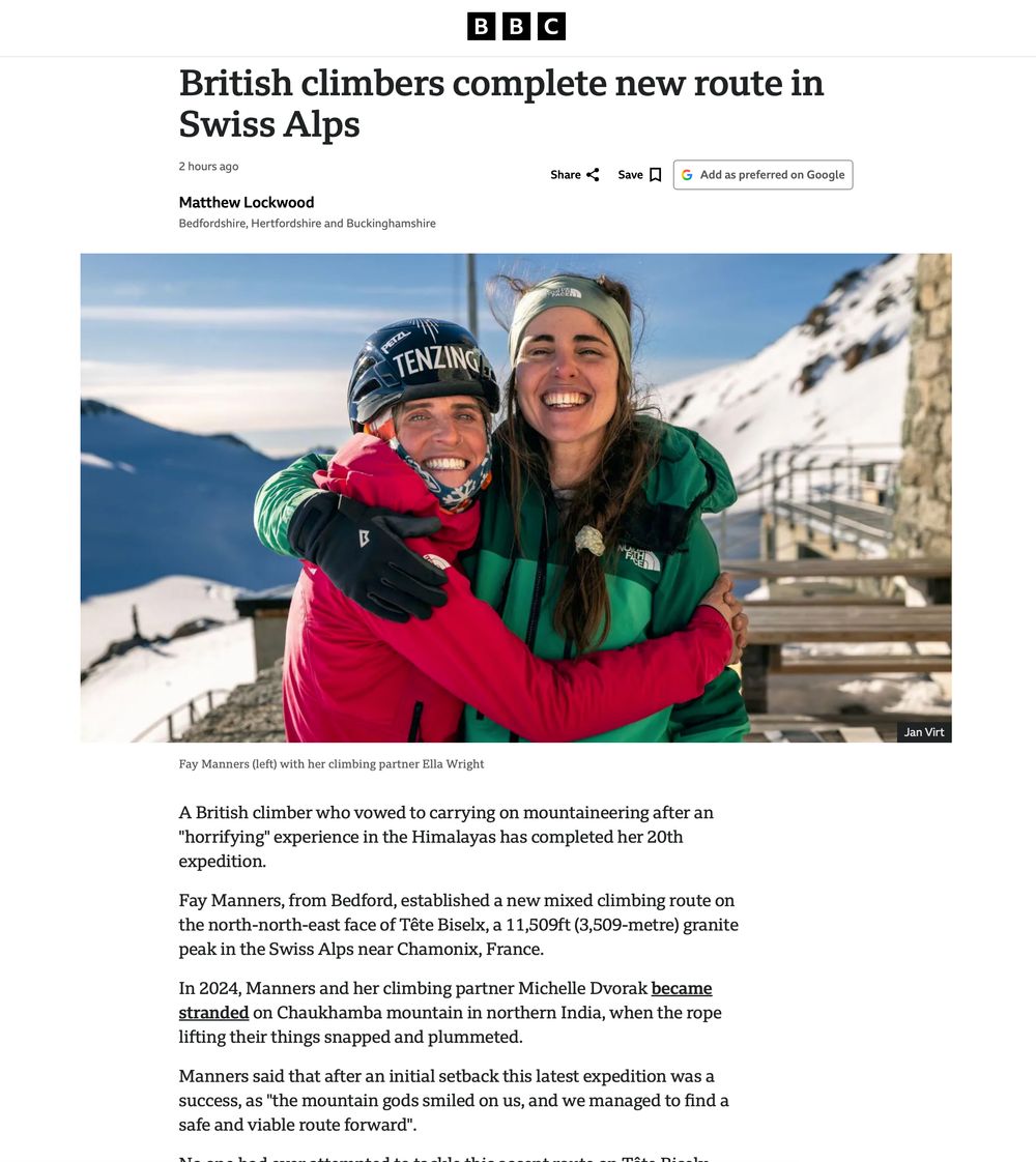 BBC feature on Fay Manners and Ella Wright first ascent - photo Jan Virt