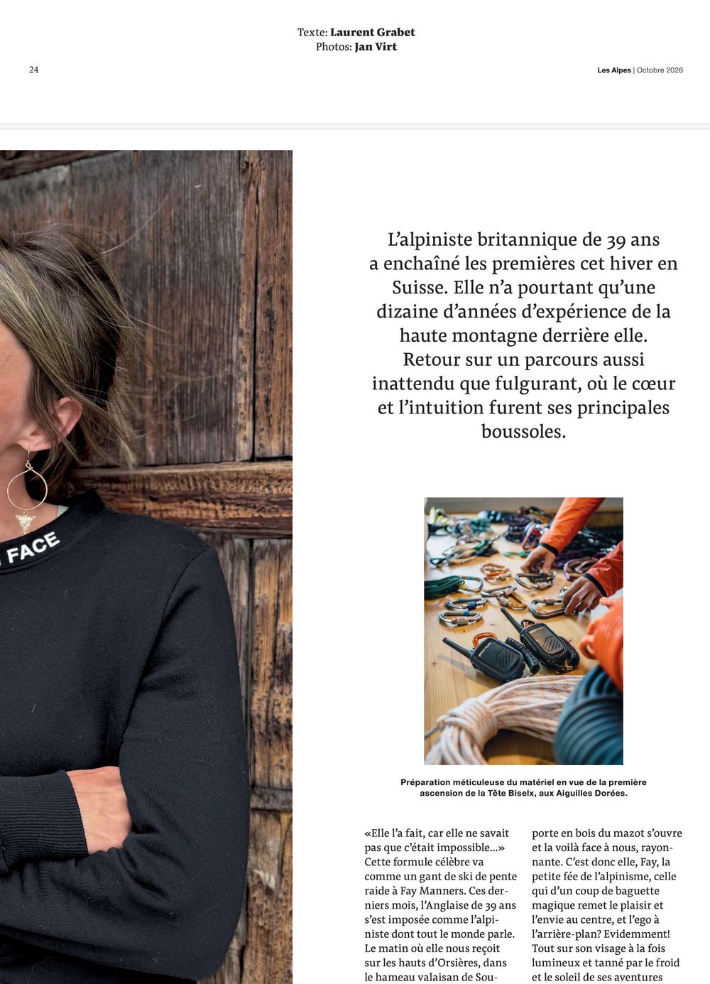 Les Alpes magazine, October 2026: opening page of the Fay Manners profile, photos by Jan Virt.
