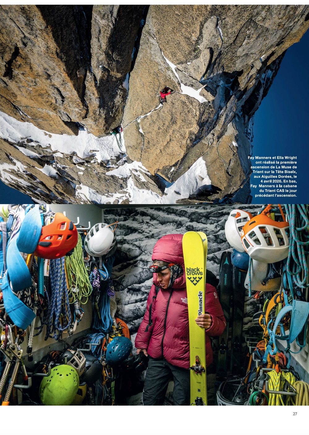Les Alpes magazine, October 2026: full-page photo by Jan Virt of a climber in a pink jacket among hanging helmets, ropes and skis.