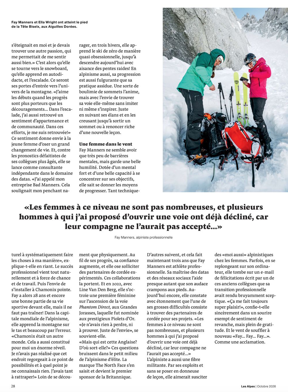 Fay Manners and Ella Wright on a Trient glacier in Switzerland, Les Alpes magazine tear sheet, October 2026. Photo by Jan Virt.