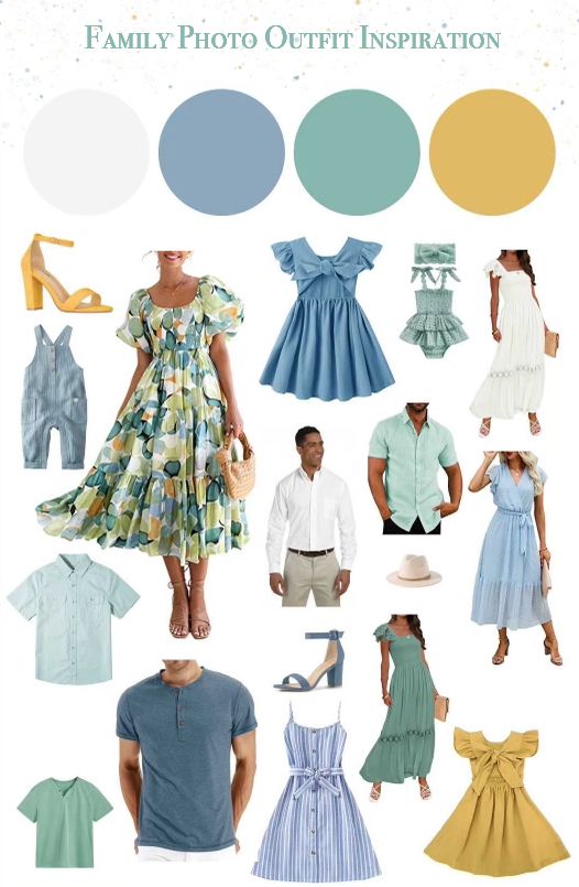 Client Outfit Inspiration. A combination of blues, greens and yellow.