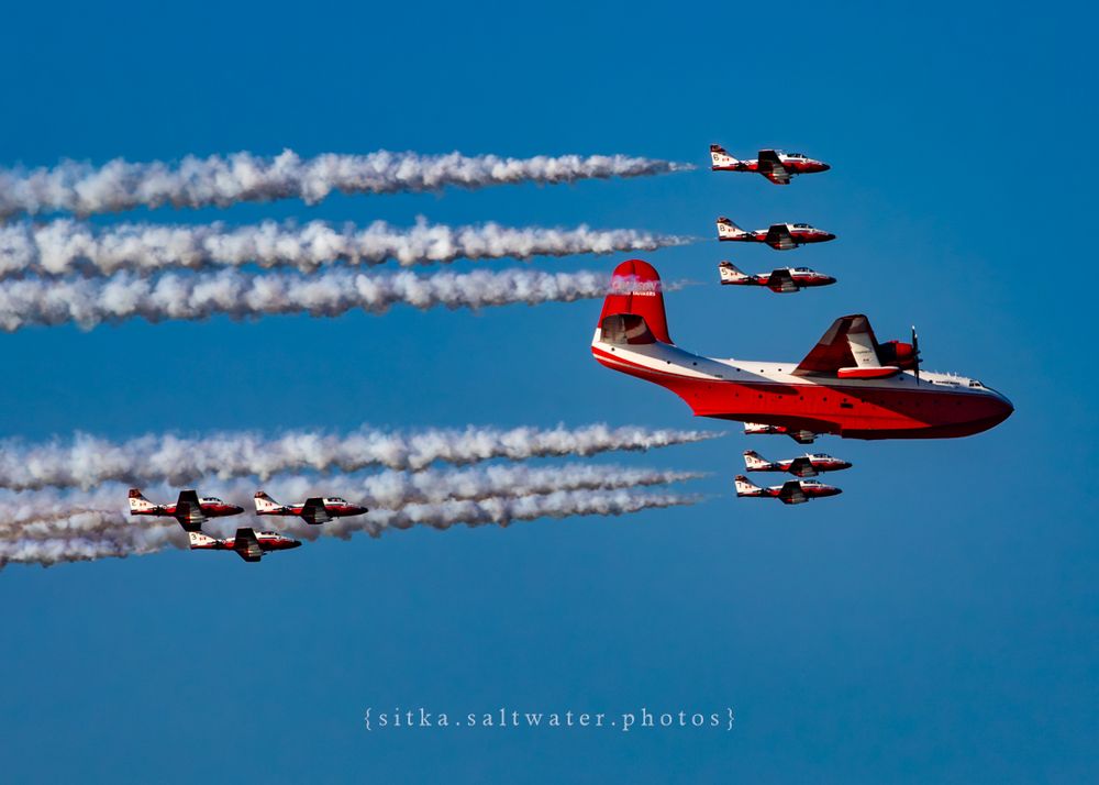 Hawaii Mars and CF Snowbirds with smoke trails against bright blue sky.