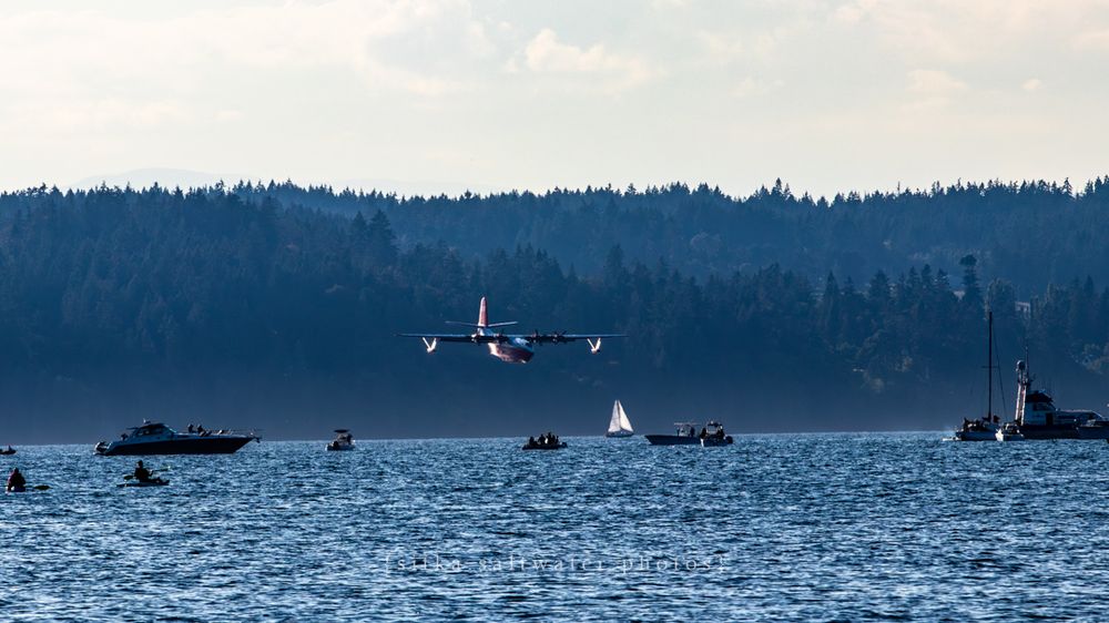 Hawaii Mars begins to land on Patricia Bay with boats and forested coastline in the background.