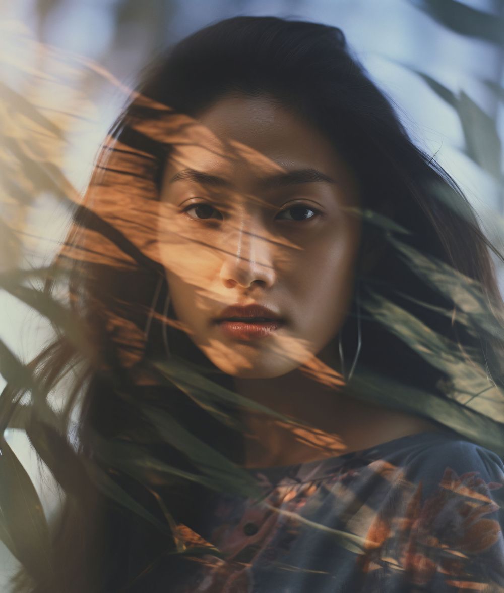 Artistic portrait with hair flowing in wind and natural light creating shadows.