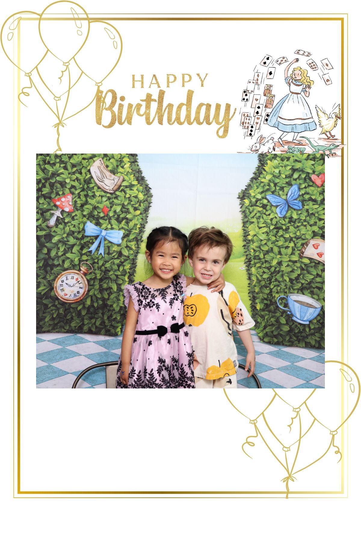 Birthday themed photo frame with gold balloons and Alice in Wonderland decorative elements.
