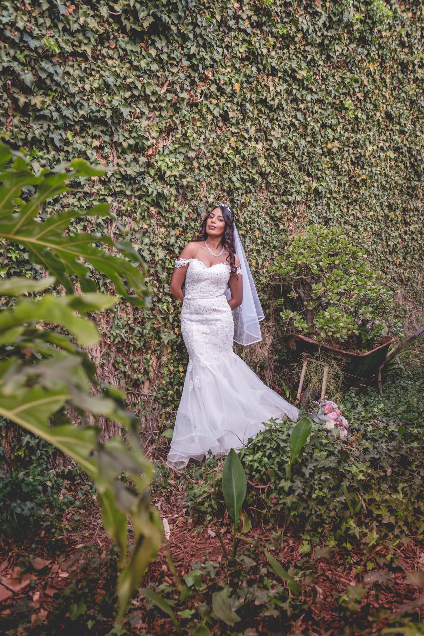 wedding photography in front of a wall of foliage