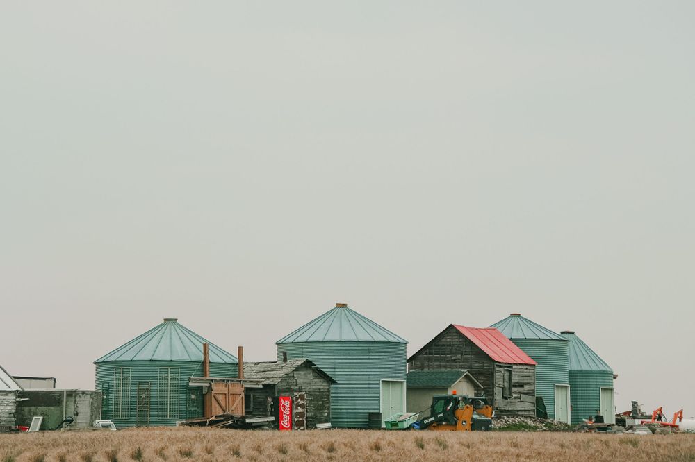 Industrial farm buildings with mint green roofs stand against a pale sky.