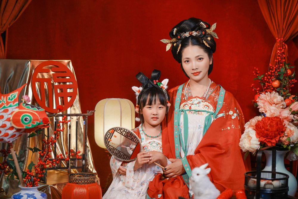 Cinematic warm-toned Tang Dynasty Hanfu portrait of a 3-generation family celebrating Lunar New Year, by Imagine Image Studio Auckland.