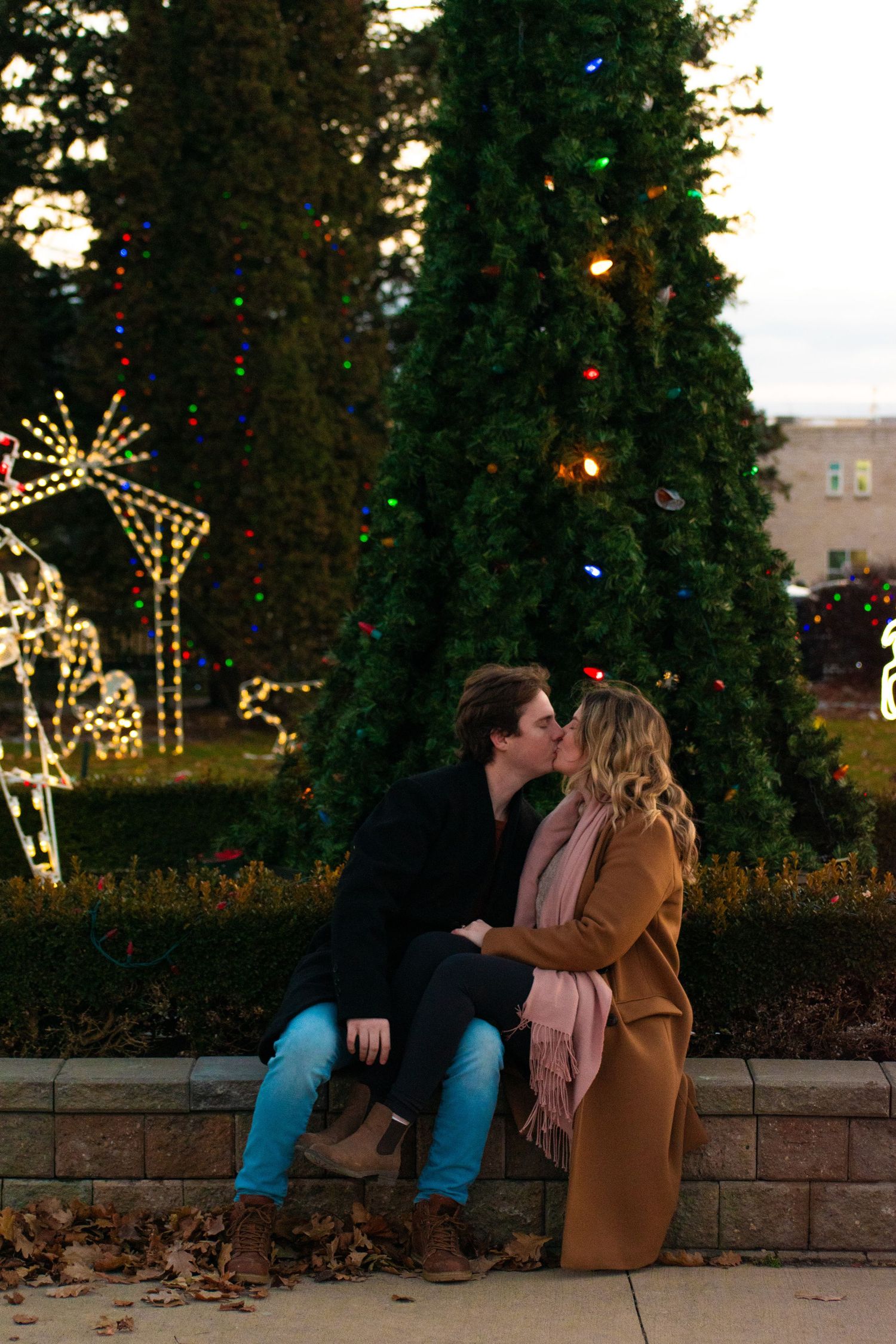 A romantic moment shared beneath a decorated Christmas tree with glowing lights and reindeer decorations in the background.