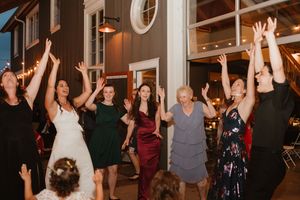 Wedding reception guests dancing and celebrating with arms raised on the dance floor.