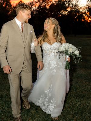 A bride and groom share romantic moments at sunset in a field, captured in a series of candid wedding photos.