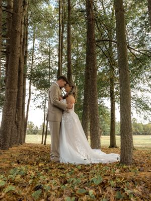 A romantic wedding couple embraces among tall pine trees on an autumn day with fallen leaves on the ground.