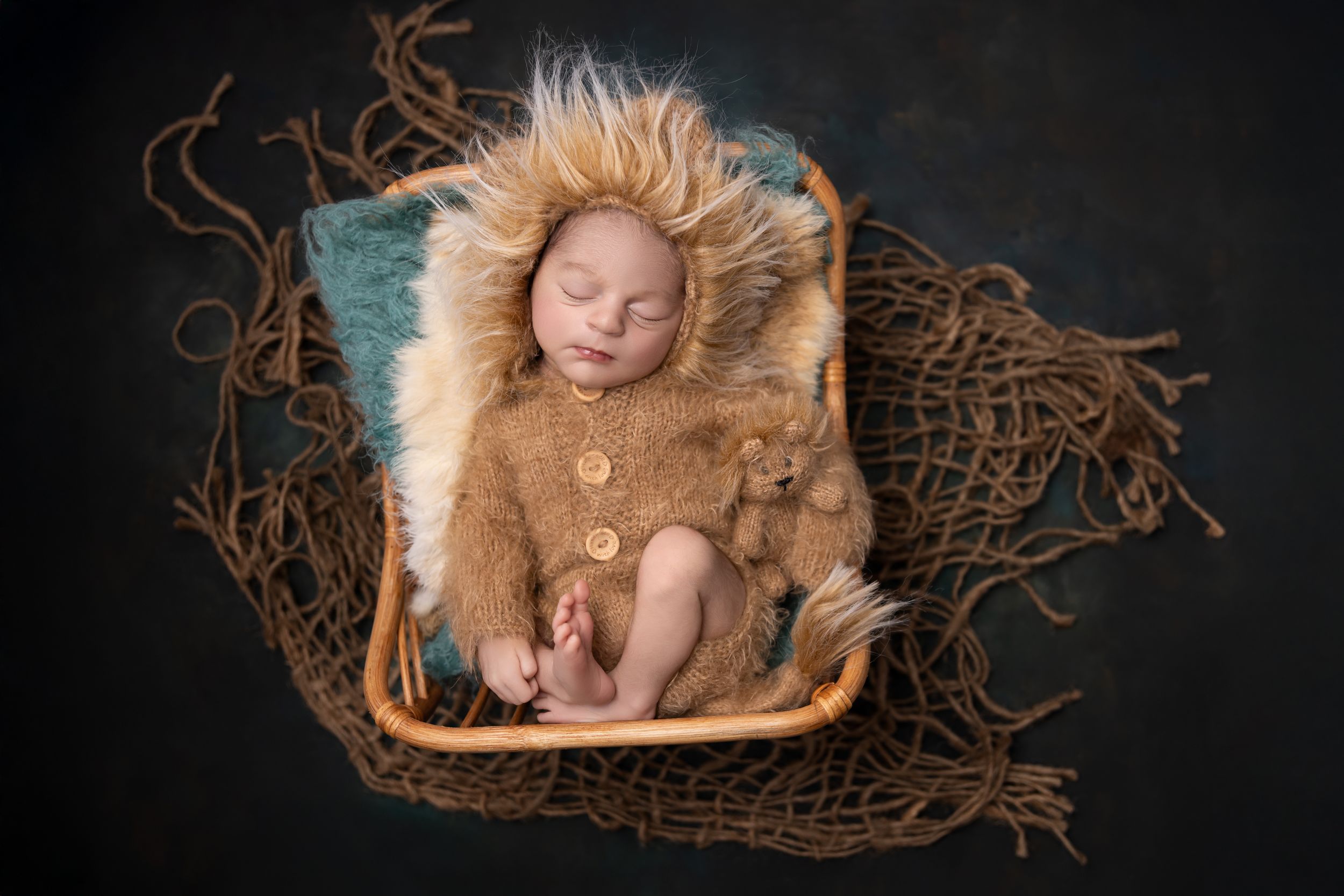 A sleeping infant dressed in a cozy lion costume lies peacefully in a rustic basket with textured brown decorative netting.