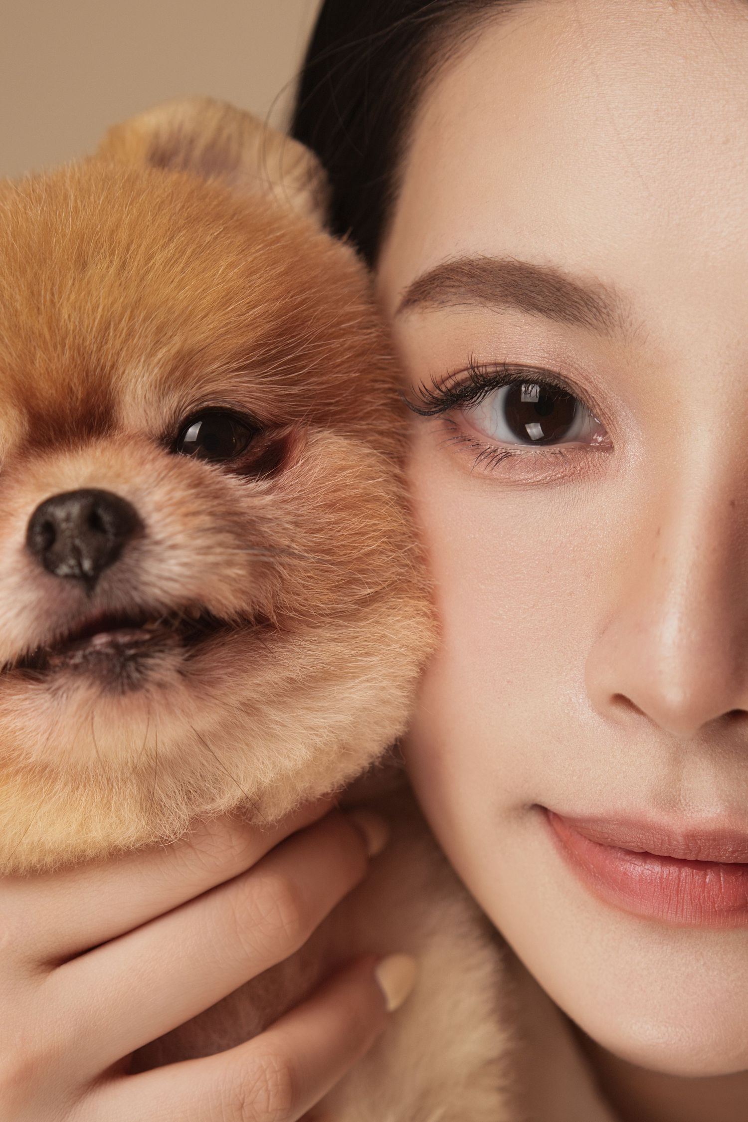 A series of close-up beauty shots showing makeup application with soft brown brushes against clear skin.