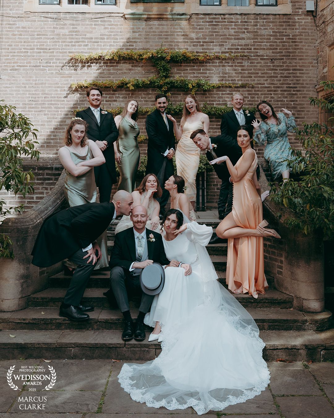 Spring wedding photos under blooming cherry blossom trees with soft pink flowers against a cloudy sky.