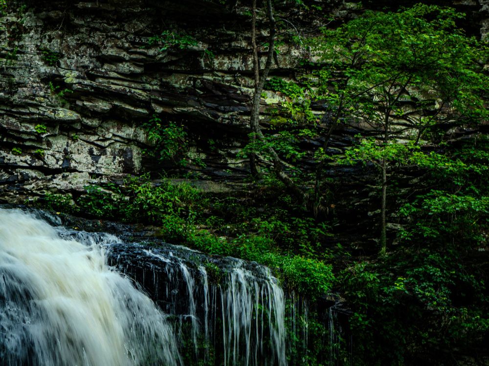 Cascading waterfall flows down dark rocky cliffs surrounded by lush green vegetation.